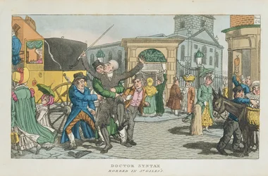 Doutor Syntax assaltado em St. Giless, da Tour the Doctor Syntax até Londres, ou os Prazeres e Misérias da Metrópole. Um poema, publicado em 1820 (aquatinta)