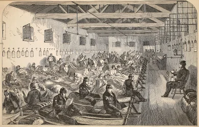 Dormitório na prisão dos campos de Coldbath, ilustração das prisões criminosas de Londres e cenas da vida da prisão por Henry Mayhew e por John Binny, bar. 1862