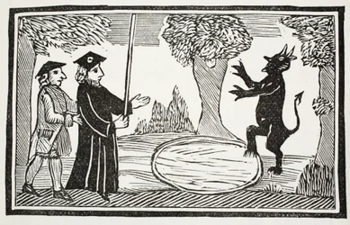 Dr. Fautus levanta o diabo, ilustração de Chap-livros do século XVIII por John Ashton, pub. 1882
