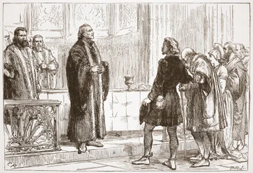 Dr. Haller que distribui a ceia do senhor na catedral de Berna, ilustração da história do protestantismo por James Aitken Wylie (1808-1890), bar. 1878