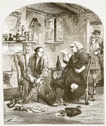 Dr. Johnson lendo o manuscrito do Vigário de Wakefield, ilustração da História Ilustrada de Cassells da Inglaterra (foto em sépia)