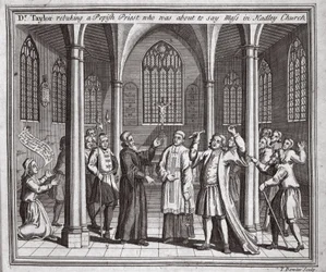 Dr. Taylor repreende um padre papista que estava prestes a dizer missa na Igreja de Hadley, ilustração de Foxes Martyrs c.1703