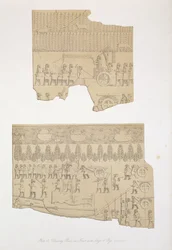 Desenho de touro e floresta com veados e porcos, Koujunjik, placa 12 de Nínive e seus restos mortais por Austen Henry Layard (1817-94) publicado em 1849