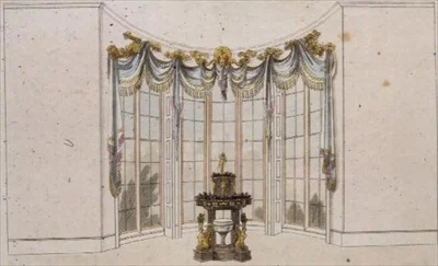 Cortina da janela da sala de desenho e canteiro, placa 101 do Ackermann