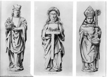 Desenhos de Santos Martin, Wilgefort e Nicolau de suas estátuas na capela de Henrique VII, Abadia de Westminster,