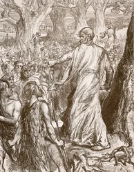 Druidas incitando os bretões a se oporem ao desembarque dos romanos, ilustração de Cassells Illustrated History of England (foto em sépia)