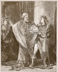 Dunstan arrastando Edwy da presença de Elgiva, ilustração da Cassells Illustrated History of England (foto em sépia)