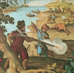 Marinheiros holandeses armados com mosquetes de fósforos, disparando camelos para reabastecer as suas embarcações (gravura colorida à mão)