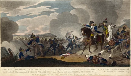INGLÊS TRIUNFANTE. Napoleão tentando reunir a Guarda Imperial na batalha de Waterloo, c. 1815 (gravura)