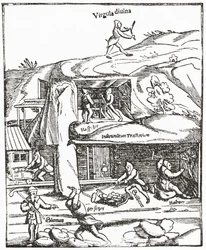 Representação antiga da vara de adivinhação, mostrando uma figura com uma vara de mergulho acima do solo à procura de água, carvão ou ouro e os mineiros abaixo do solo a trabalhar para encontrar carvão. Da revista The Strand Magazine publicada em 1897.