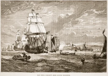 Os navios de East India Companys que saem de Woolwich, ilustração da história ilustrada de Cassells da Índia por James Grant, bar. 1879