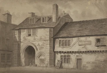 Vista leste da porta de entrada para a Abadia de São Salvador, Bermondsey, c.1825 (caneta, lápis e lavar no papel)