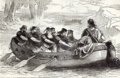 Edgar, o Pacífico, foi remado pelo Rio Dee por Oito Príncipes Tributários, ilustração de &39;História Ilustrada de Cassell da Inglaterra&39;