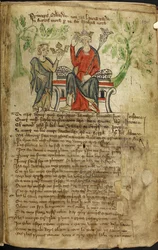 Eduardo II sentado num trono, com o ceptro na mão esquerda, e tocando a sua coroa com a sua mão direita. Uma pequena figura (possivelmente uma personificação do País de Gales) oferece-lhe outra coroa (provavelmente a coroa da Escócia). Pensa-se que a segun
