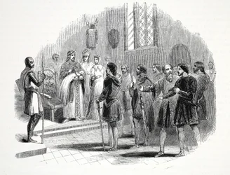 Edward the First apresentando os chefes galeses com um príncipe nascido entre eles, no castelo de Rhuddlan