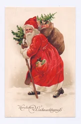 Postal eduardiano do Pai Natal com uma árvore de Natal e um saco de brinquedos ao ombro, c.1910 (litografia a cores)
