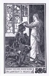 Elaine amarra a manga à volta do capacete de Sir Lancelot, ilustração do 
