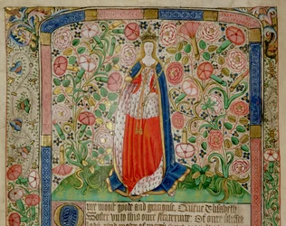 Elizabeth Woodville (c.1437-92) Rainha Consorte do Rei Eduardo IV de Inglaterra (1442-83) (vellum) (detalhe de 70062)