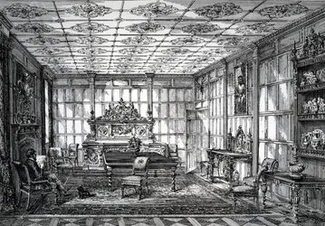 Sala de jantar isabelina, publicada em The House-Furnisher & Decorator, 1º de outubro de 1872
