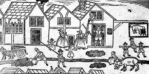 Cena de rua elisabetana, de um livro de baladas de Roxburghe
