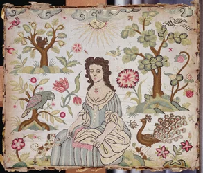 Painel bordado representando uma senhora num jardim, c.1700 (seda)