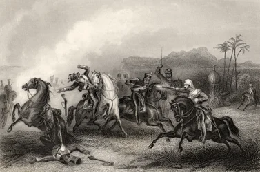 Encontro entre o Tenente Hills e um corpo de Cavalaria Sépia, de "A História do Motim Indiano", publicado em 1858