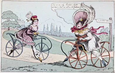 Desenho animado inglês sobre cavalos de hobby em 1819 (primeiras bicicletas) - em "Le cycling théorique et pratique" de Baudry de Saulnier
