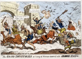 Desenho animado inglês sobre a chegada do exército napoleónico a Varsóvia, sob a neve, após a retirada russa em dezembro de 1812.