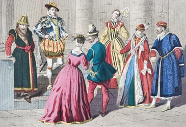 Modas inglesas do século XVI, de "A História Nacional e Doméstica da Inglaterra", de William Hickman Smith Aubrey (1858-1916) publicaram Londres, c.1890