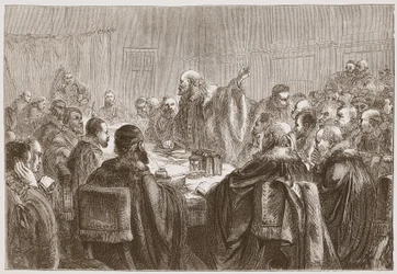 Episcopius que endereça aos membros do Sínodo de Dort, ilustração da história do protestantismo por James Aitken Wylie (1808-1890), bar. 1878