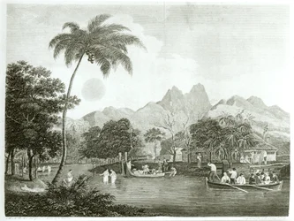 Missionários europeus em uma aldeia taitiana, de uma viagem missionária ao Oceano Pacífico do Sul, realizada nos anos 1796-98 no navio Duff, publicada em 1799