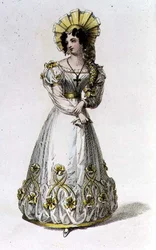 Vestido de noite, placa de moda do Repositório de Artes da Ackermann (gravação colorida)