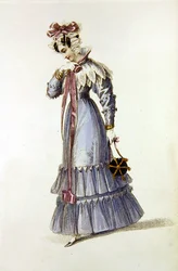 Vestido de noite, placa de moda do Repositório de Artes da Ackermann (gravação colorida)