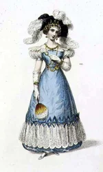 Vestido de noite, placa de moda do Repositório de Artes da Ackermann (gravação colorida)