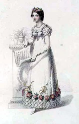 Vestido de noite, placa de moda do Repositório de Artes da Ackermann (gravação colorida)
