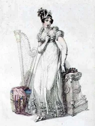 Vestido de noite, placa de moda do Repositório de Artes da Ackermann (gravação colorida)