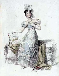 Vestido de noite, placa de moda do Repositório de Artes da Ackermann (gravação colorida)