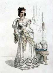 Vestido de noite, placa de moda do Repositório de Artes da Ackermann (gravação colorida)