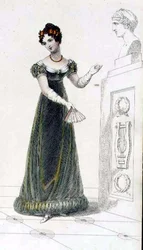 Vestido de noite, placa de moda do Repositório de Artes da Ackermann (gravação colorida)