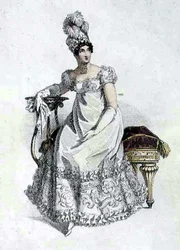 Vestido de noite, placa de moda do Repositório de Artes da Ackermann (gravação colorida)