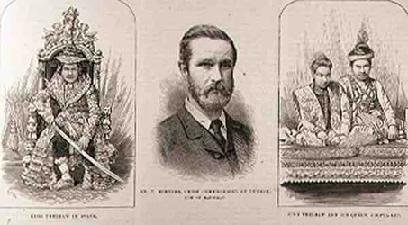 Expedição à Alta Birmânia: Rei Theebaw (1858-1916) no Estado, Sr. T. Bernard, Comissário Chefe de Burmah, agora em Mandalay, Rei Theebaw e sua Rainha, Soopya-Lat, do The Illustrated London News,