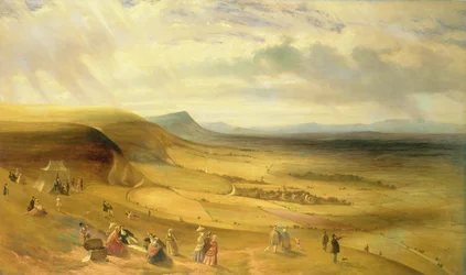 Vista extensa do dique do diabo, Newmarket com piqueniques gentry, c.1840