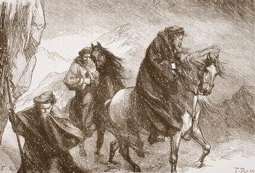 Farel e seus companheiros viajando através dos Alpes, ilustração de The History of Protestantism por James Aitken Wylie (1808-1890), pub. 1878
