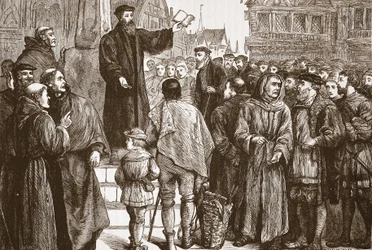 Farel pregando no mercado de Neuchâtel, ilustração de The History of Protestantism por James Aitken Wylie (1808-1890), pub. 1878