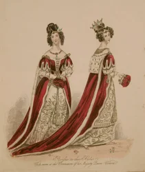 Estampa de moda representando damas da nobreza com vestes da coroação
