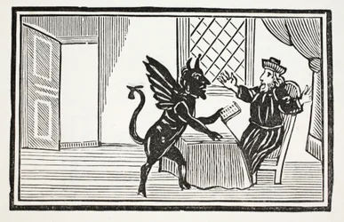 Fausto, advertido pelo Espírito, esperava o seu fim, ilustração dos livros de capítulos do século XVIII, de autoria de John Ashton, pub. 1882