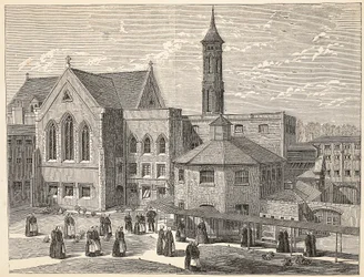 Convictos fêmeas que exercitam na jarda de aeração na prisão de Brixton, na ilustração das prisões criminosas de Londres e nas cenas da vida da prisão por Henry Mayhew e por John Binny, bar. 1862