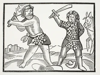 Ferragus cria um poderoso exército e sitia a cidade de Acquitain, ilustração de Chap-books do século XVIII de John Ashton, pub. 1882