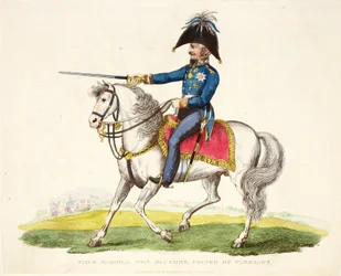 Campo Marshall von Blucher, Príncipe de Wagstadt, pub. por Richard Evans, engr romney, ilustração de um relato histórico da batalha de Waterloo por William Mudford, 1816