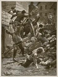 Lutando nas barricadas em Paris, ilustração da história ilustrada de Cassells da Inglaterra (foto sépia)